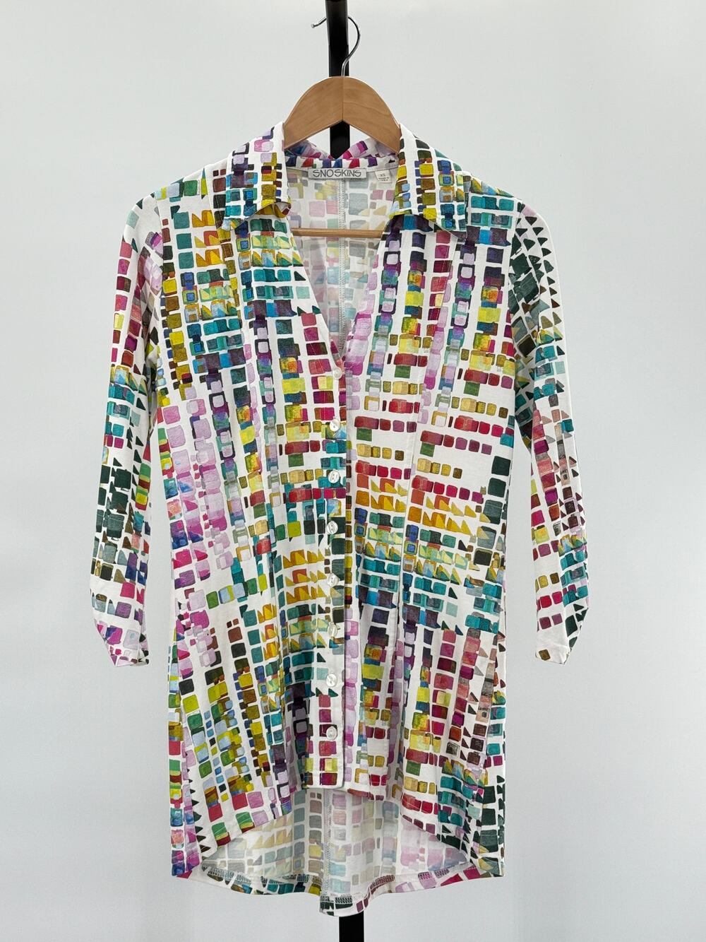 Snoskins Geometric Stretch Collared Button 3/4 Sleeve XS Shirt Art to Wear